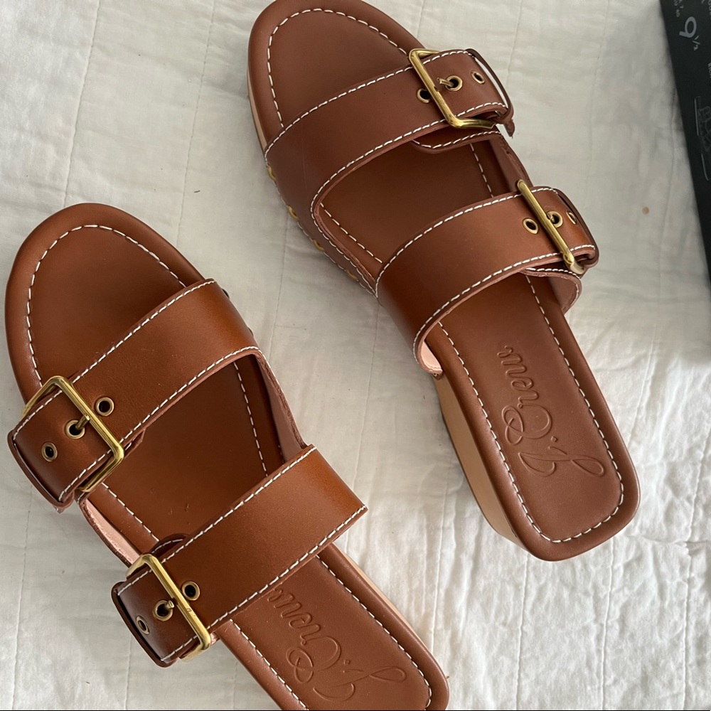 J. Crew Brown Double Buckle Leather Slide Sandals